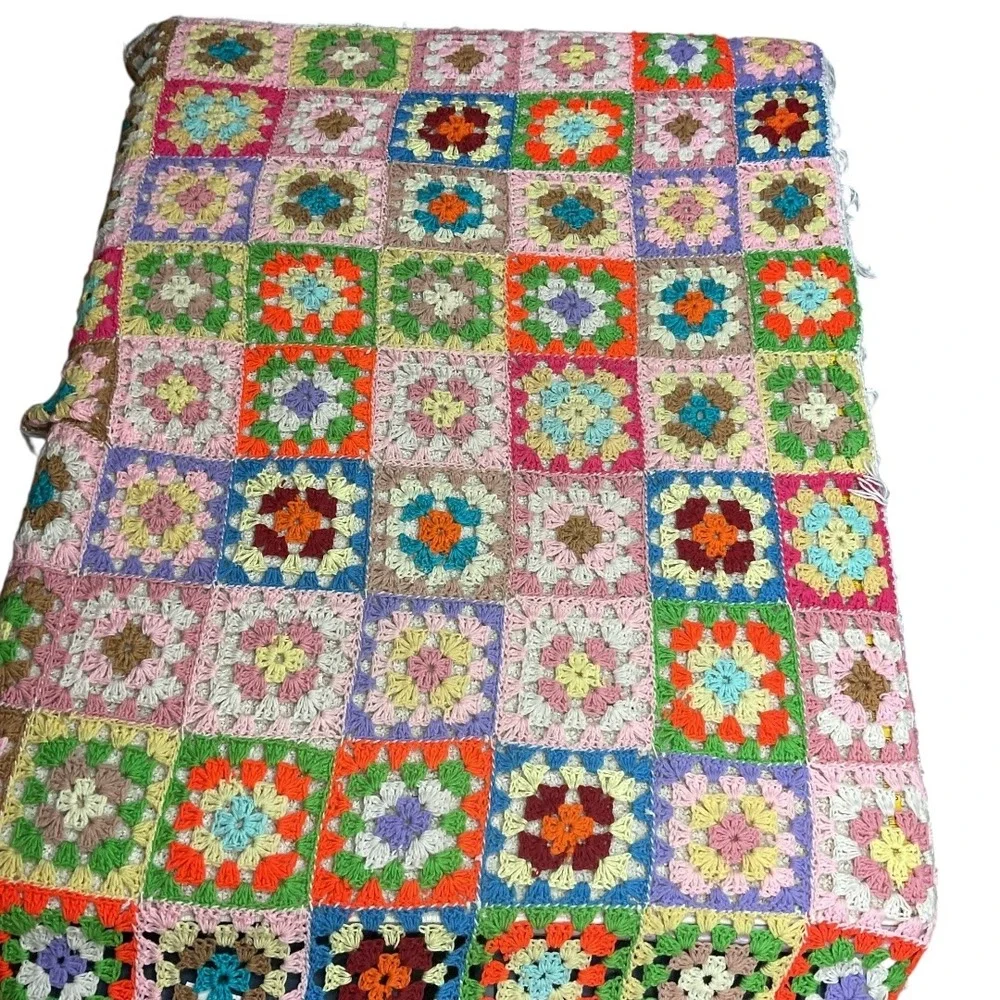 Handmade Granny‎ Square Crochet Afghan Bedspread Blanket Colorful Vintage Style